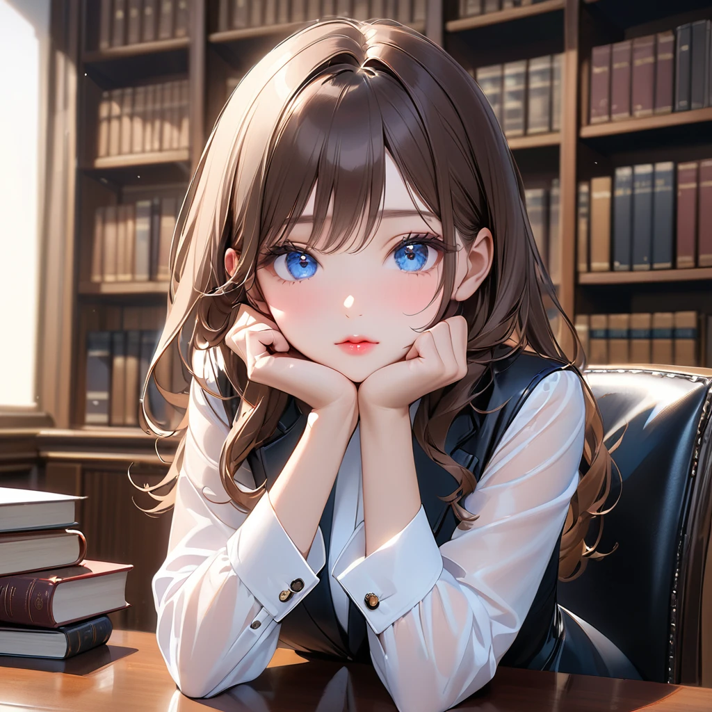 Highest quality, masterpiece, Ultra-high resolution, Realistic:1.2, RAW Photos, Intricate details, Portraiture, Big beautiful blue eyes:1.2, Perfect contours, Girl, break ((facing viewer, upturned eyes:1.2)), ((petite, short, tiny girl:1.2)), Brown Hair、Long Hair, (makeup:1.2, parted mouth, full lips:1.3, pink lips:1.2, shiny rips:1.2), ((Top female lawyers:1.2)), (Luxury shiny black formal suit、Luxurious silk shirt:1.2, Luxury high heels), BREAK ((He is sitting at a very luxurious desk, resting his chin on his hands.、Black leather chair))、On the desk is the complete collection of laws.、The stacks of bills are neatly stacked, (Crossing your legs)、((The background is a room in a top law firm., Bookshelf filled with law-related books、Ultra-luxury furniture))、