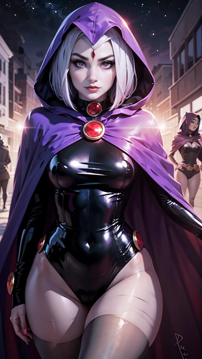 illustration of Raven from DC Comics, 1 girl, Raven, high collar, black leotard, black cape, hooded cloak, cabelo roxo, testa jeauel, purples eyes, shorth hair, belt, stretched skin, standing, neckleace, toned, pose, natta , moonlights, ((posando)), motion lines, trunk, trunk, portraite, b&au. contour, in anime tarot card art style, chic, glamourous, reflection, Glow Up, shadowing, pantyhose 40 dinier, mic