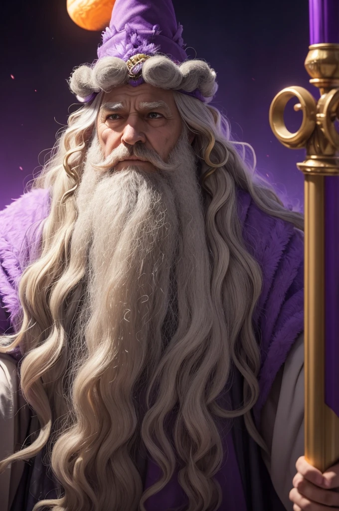 An old wizard with an extremely curly and large, very gray blond beard, has curly and long gray and blonde hair, with orange skin, and a purple headdress, and purple wizard outfit, has a red staff