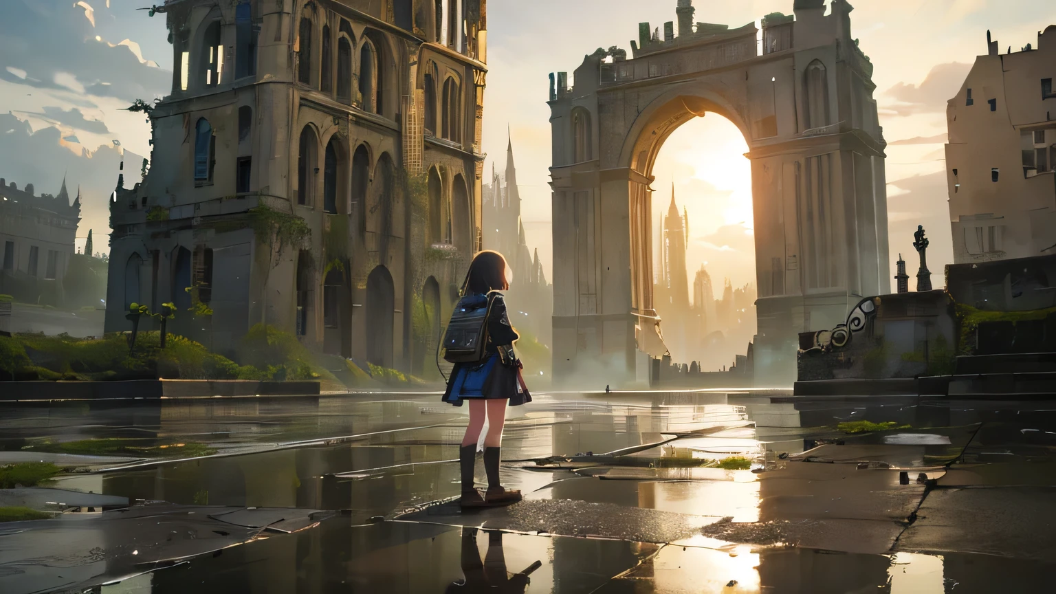 Ruined City、Being invaded by nature、puddle、A young girl is standing with her back turned、Smart Girl、With your legs closed、Fantasy Landscape、Warm lighting、high resolution、Sun light、Cinema Lighting、Realistic、8k、The girl is dressed like a traveller、