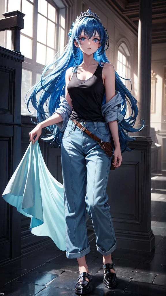 The princess had blue hair, a dark silhouette, sharp blue eyes, and wore a long-sleeved tank top, long pants, and covered shoes.