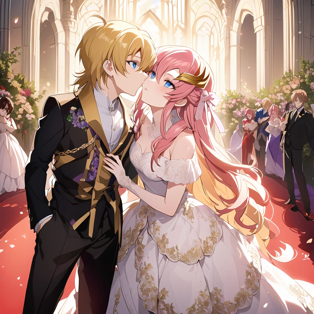 ((Highest quality)), ((masterpiece)), (detailed), (Perfect Face)、(detailedな描写)、The woman is the Queen of Accord, wife of Orpheus, King of Accord, and loves her husband Orpheus dearly. She is wearing a vintage wedding dress and wedding veil with gorgeous gold embroidery and trim, beautifully decorated accessories, and a gorgeous hair ornament. She is Lacus Clyne, with semi-long pink hair.、The male Orpheus is the King of Accord with long blonde hair and blue eyes.、She embraces the blond, blue-eyed Orpheus, the King of Accord, and kisses him passionately to confirm their love. They are deeply in love and stand together as husband and wife.、Orpheus also loves Lacus with all his heart, and they are a deeply in love, happy couple.、Red carpet aisle at a gorgeous church