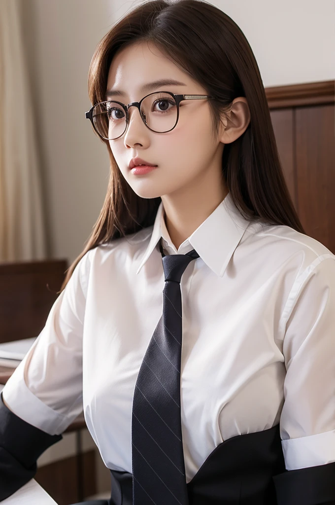 1girl, masterpiece, high_quality, office_uniform, glasses, brown_hair, white_shirt, black_necktie, cowboy_shot