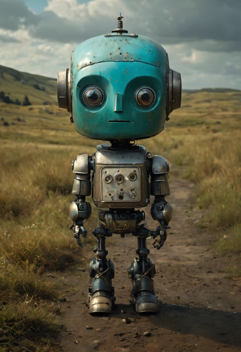 Full length view. Little funny robot, porcelain face and head, big turquoise eyes, perfect eyes, best quality. Beautiful cinematic impressionistic painting, Dark dramatic character. In the style of Andrew Wyeth, Charlie Bowett, Albert Joseph Penaud, Dariusz Zawadzki. Tetsuya Ishida. Zdzislaw Beksinski. Patrizia Piccinini. Mark Powell. Sven 37
