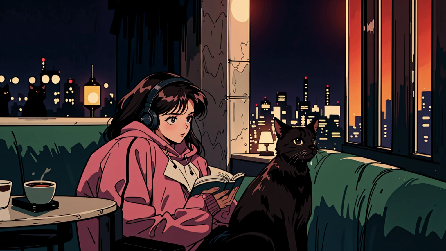 Highest quality, 8k, 1990s style, Hairstyles of the 2010s, 21 year old girl, Black Hair, Long Hair, Light brown eyes, City Pop, pants ,Night view, Wearing headphones, Reading a book, whole body, dull pink sweat, Relax, Coffee, table, look at me, 1 black cat