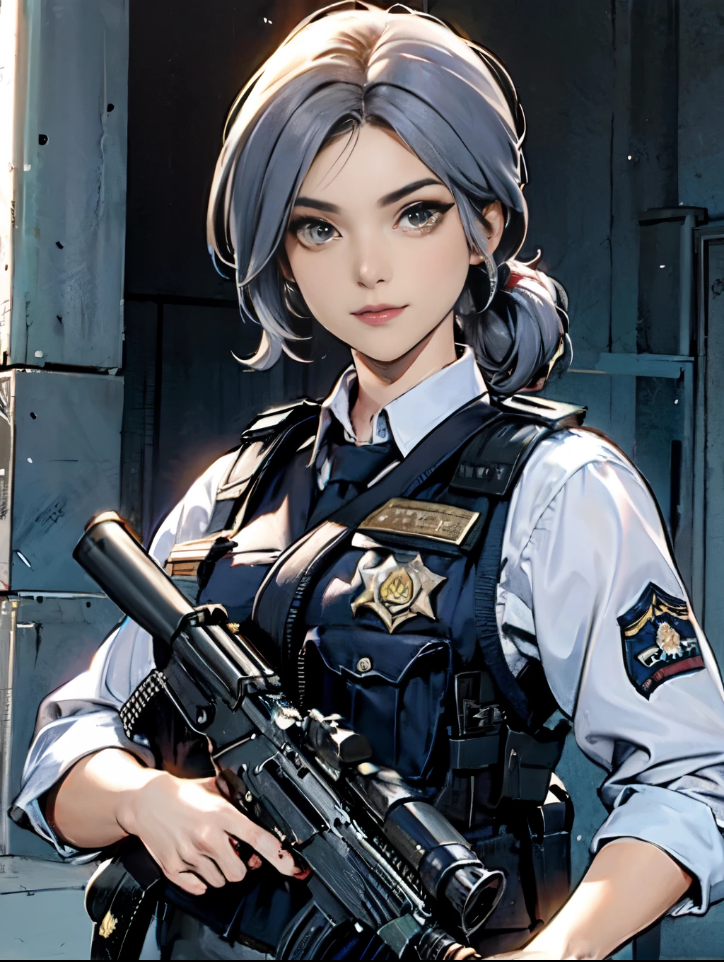 Beautiful police officer with a machine gun