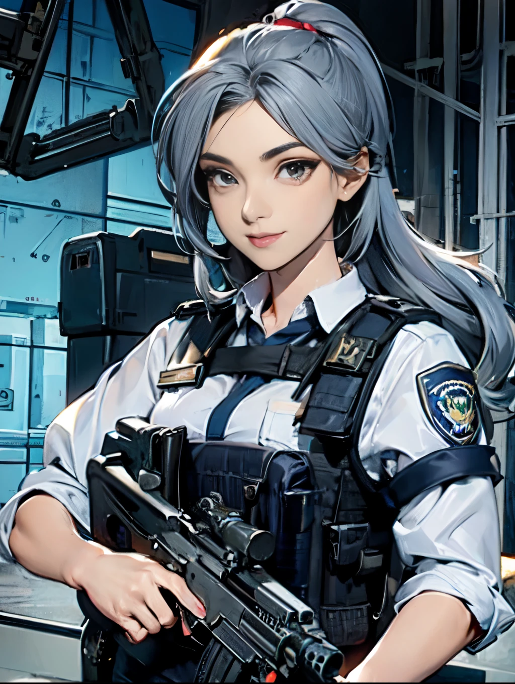 Beautiful police officer with a machine gun