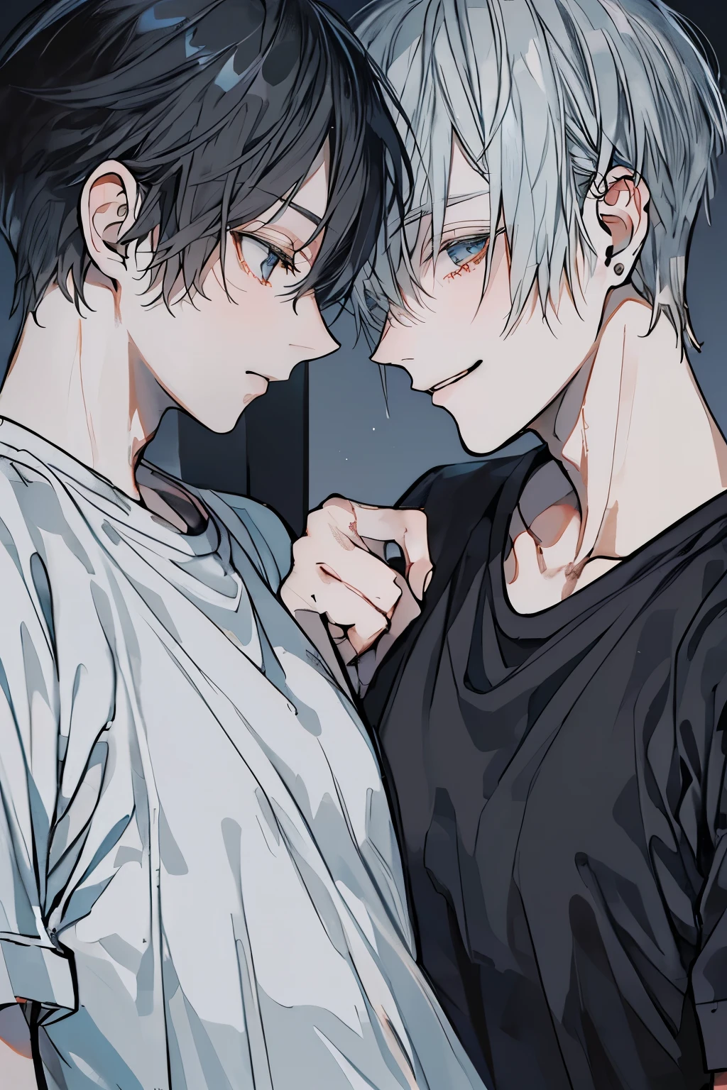 (Mastepiece), (Best Quality), Very detailed, ((Two men intimate:1.5)), Perfect Face, Beautiful Face, Very detailedな顔，(Upper Body Shot:1.3)，(Black-haired man:1.3)，(Grey-haired man:1.3)、T-Shirts、smile