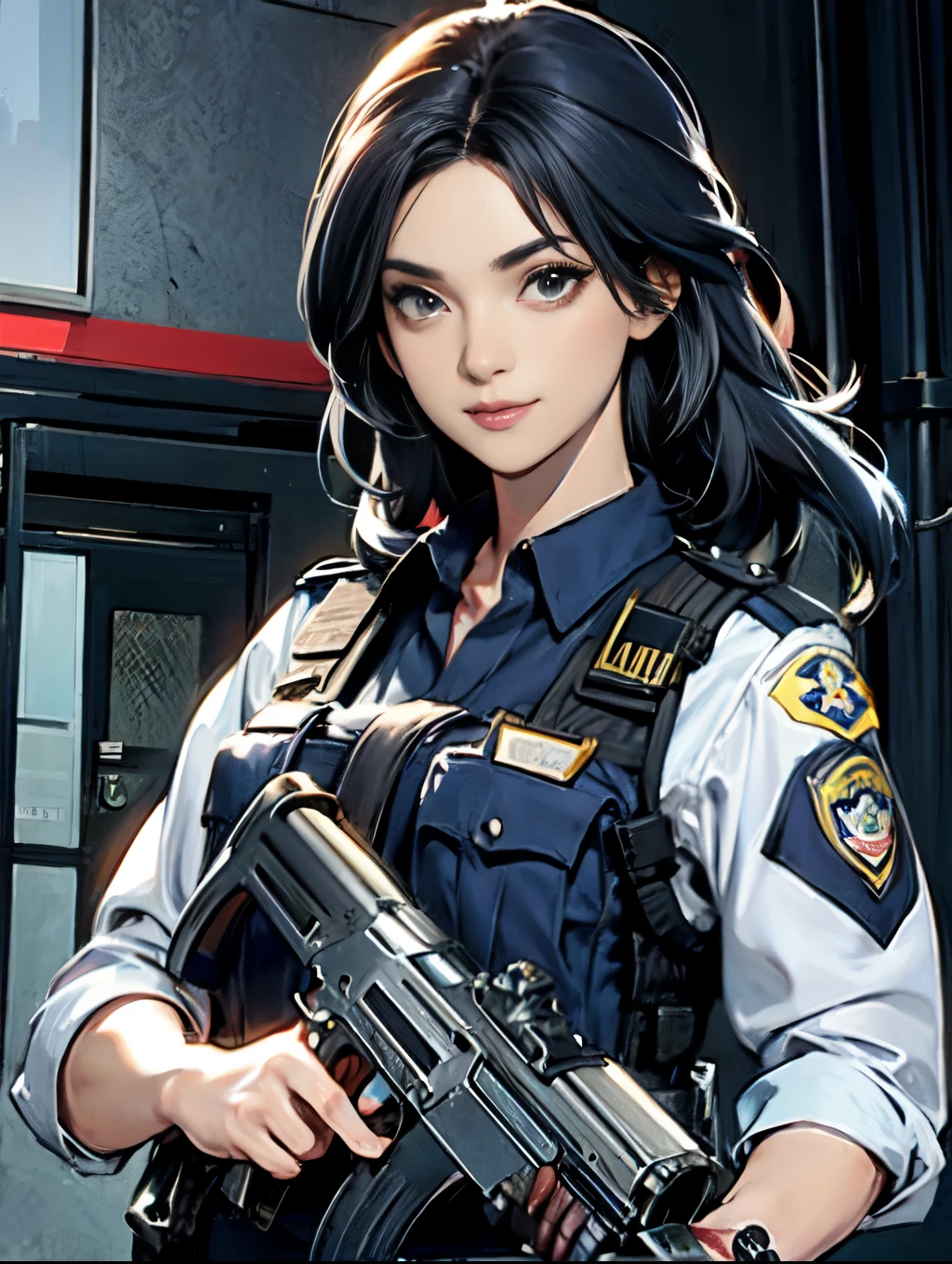 Beautiful police officer with a machine gun