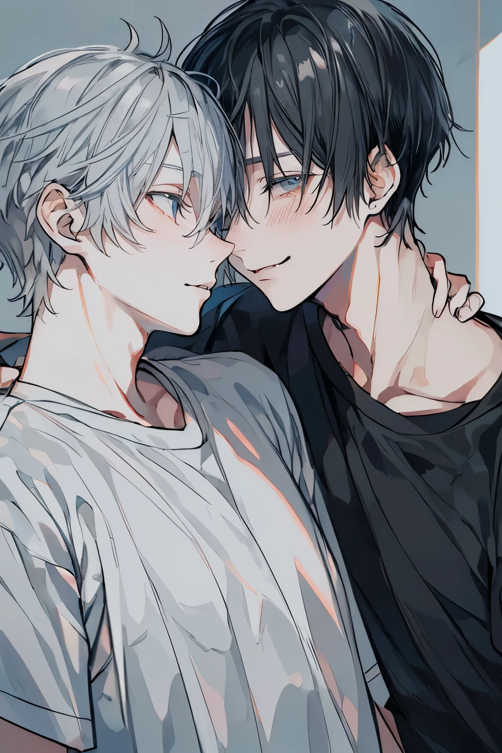 (Mastepiece), (Best Quality), Very detailed, ((Two men intimate:1.5)), Perfect Face, Beautiful Face, Very detailedな顔,(Upper Body Shot:1.3),(Black-haired man:1.3),(Grey-haired man:1.3)、T-Shirts、smile