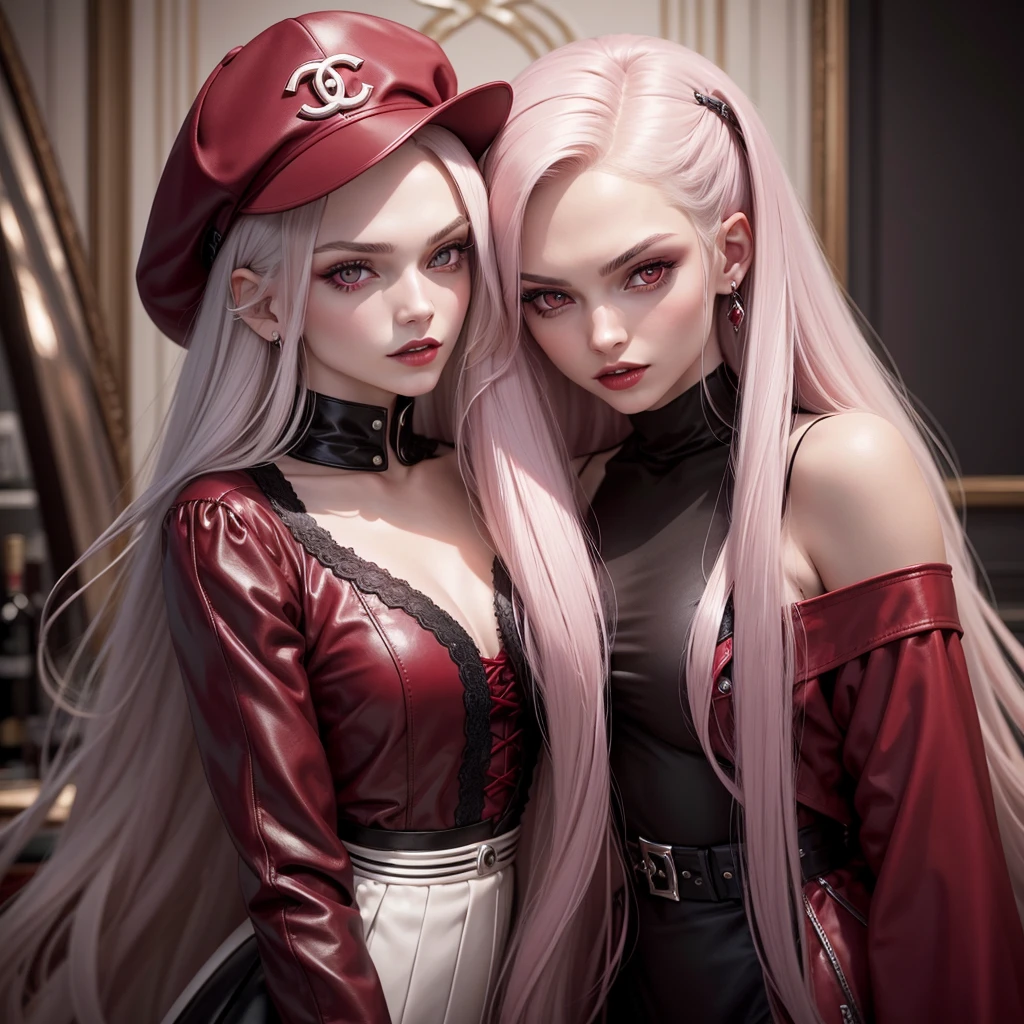 Make a vampire posing for the Chanel brand , the clothes are wine red , She is next to a model with platinum hair who is also posing for the brand , She is also wearing a wine red cap Long hair, gazing at viewer, slightly separated lips, F16 Aperture, jewel, cinematic lighting, cinematographic, 