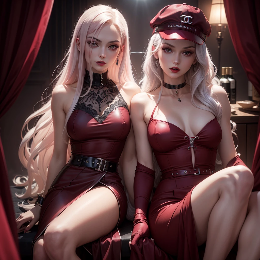 Make a vampire posing for the Chanel brand , the clothes are wine red , She is next to a model with platinum hair who is also posing for the brand , She is also wearing a wine red cap Long hair, gazing at viewer, slightly separated lips, F16 Aperture, jewel, cinematic lighting, cinematographic, 