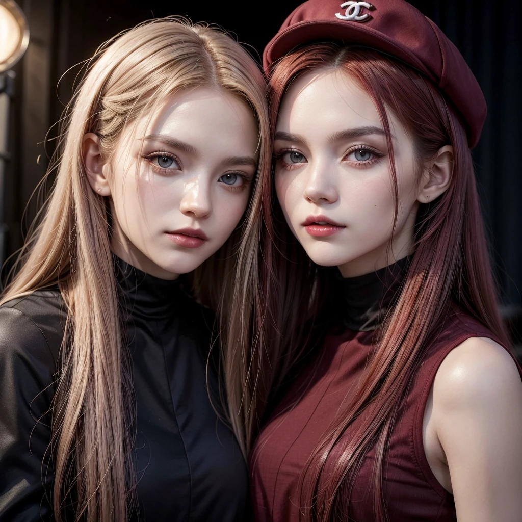 Make a vampire posing for the Chanel brand , the clothes are wine red , She is next to a model with platinum hair who is also posing for the brand , She is also wearing a wine red cap Long hair, gazing at viewer, slightly separated lips, F16 Aperture, jewel, cinematic lighting, cinematographic, 