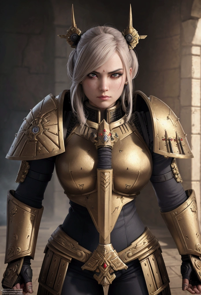 detailed portrait of a female warrior in Warhammer 40k Sisters of Battle power armor, intricate armor plates, detailed face with strong features, piercing eyes, determined expression, power sword in hand, dynamic battle pose, advanced technology background, cinematic lighting, highly detailed, photorealistic, 8k