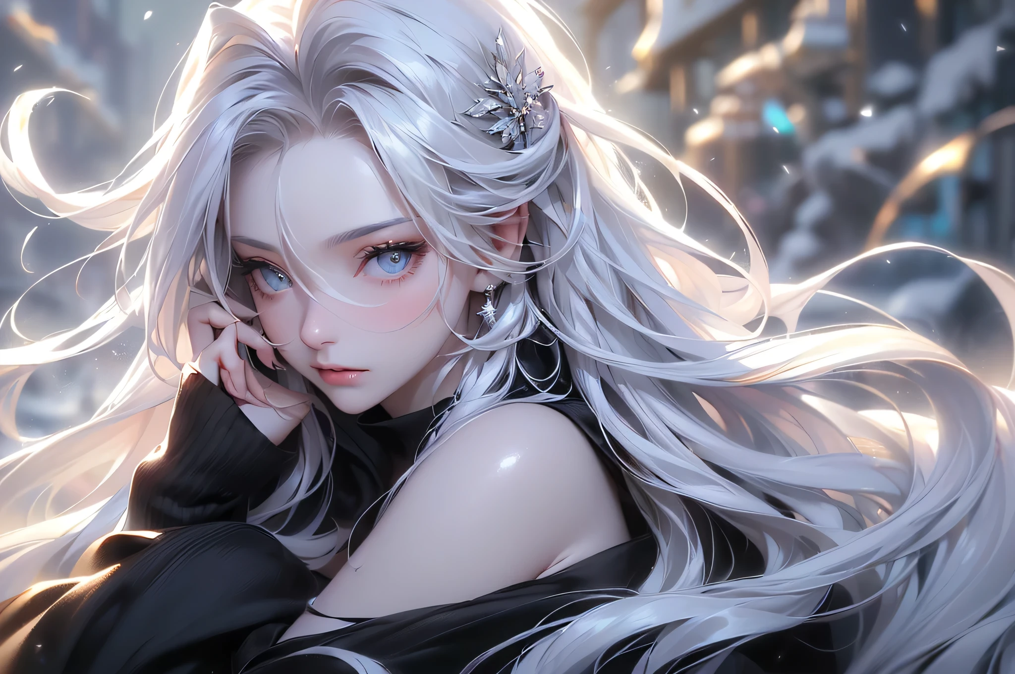 ((Above the knees image:1.5、Zoom out))((masterpiece:1.5、8k、Tabletop、Photorealistic and very detailed CG、Very detailed、Particle Effects、Dynamic Effects、Shallow depth of field、Cinematic Light、Lens flare、Ray Tracing、Tabletop、Realistic:1.4、Ultra-high resolution:1.2、Realistic、Realistic))((alone、A woman wearing a black cashmere coat over an off-the-shoulder dress:1.4、Elegant woman posing、Detailed face、brightexpression、young, bright, Whiter skin、Medium chest、Beautiful cleavage、Small waist、Best Looks、ASİAN、Ultimate beauty、bright and shiny hair,、Super long, Silky straight hair、Hair dancing in the wind))(morning、The setting is a snow-covered temple、Crystal of snow)((shiny white hair))