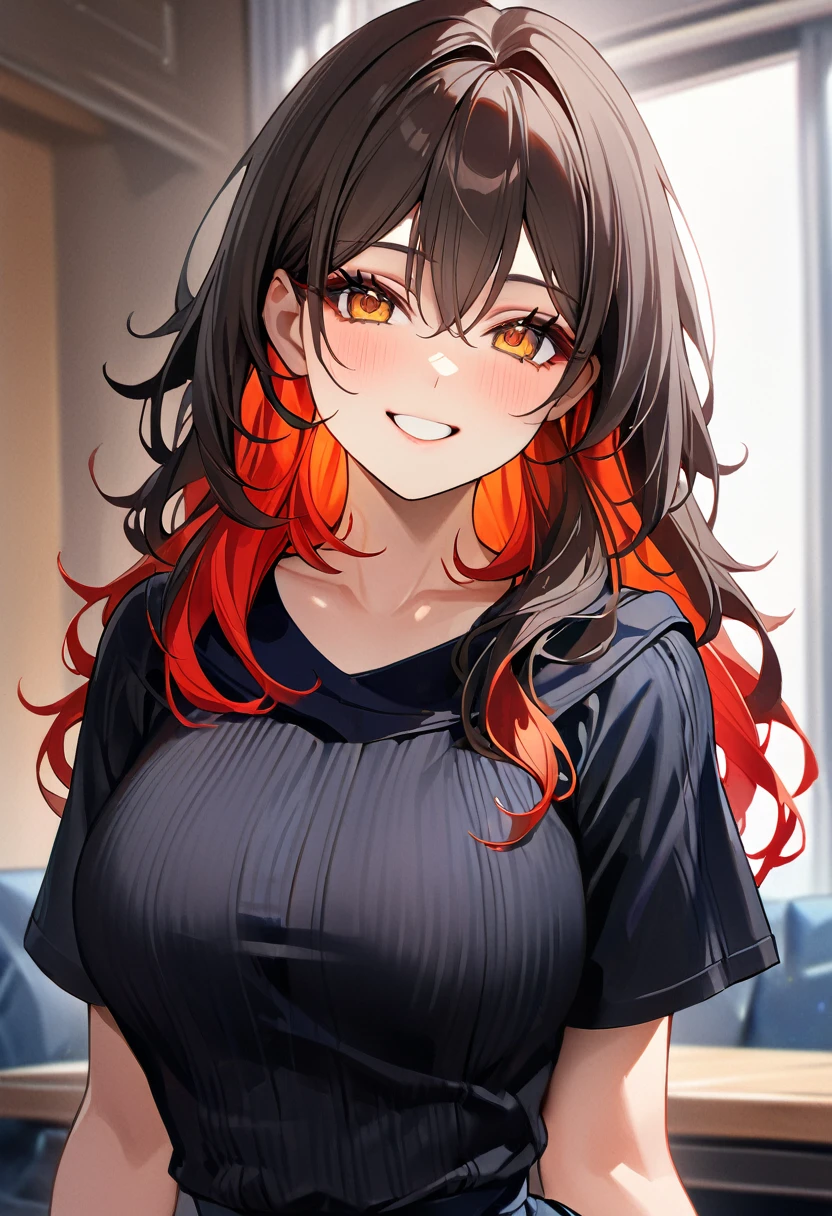 1 woman, solo, tall woman, (long hair, black hair, red colored inner hair,wavy hair:1.2), orange eyes, large breasts, (A cute smile that makes the viewer happy, highly detailed beautiful face and eyes,looking at viewer:1.2), (masterpiece,top-quality,Ultra-high resolution output image,) (The 8k quality,),(Image Mode Ultra HD),