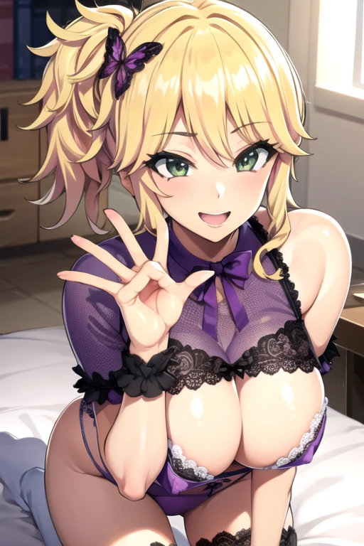 foggy spring, smile,  Blonde,hair ornaments, Purple underwear,Large Breasts,Lace bra,Handjob,Stroking the penis with one hand,Leaning forward,On the bed,KiriIzumi,Black knee socks, handjob, penis,