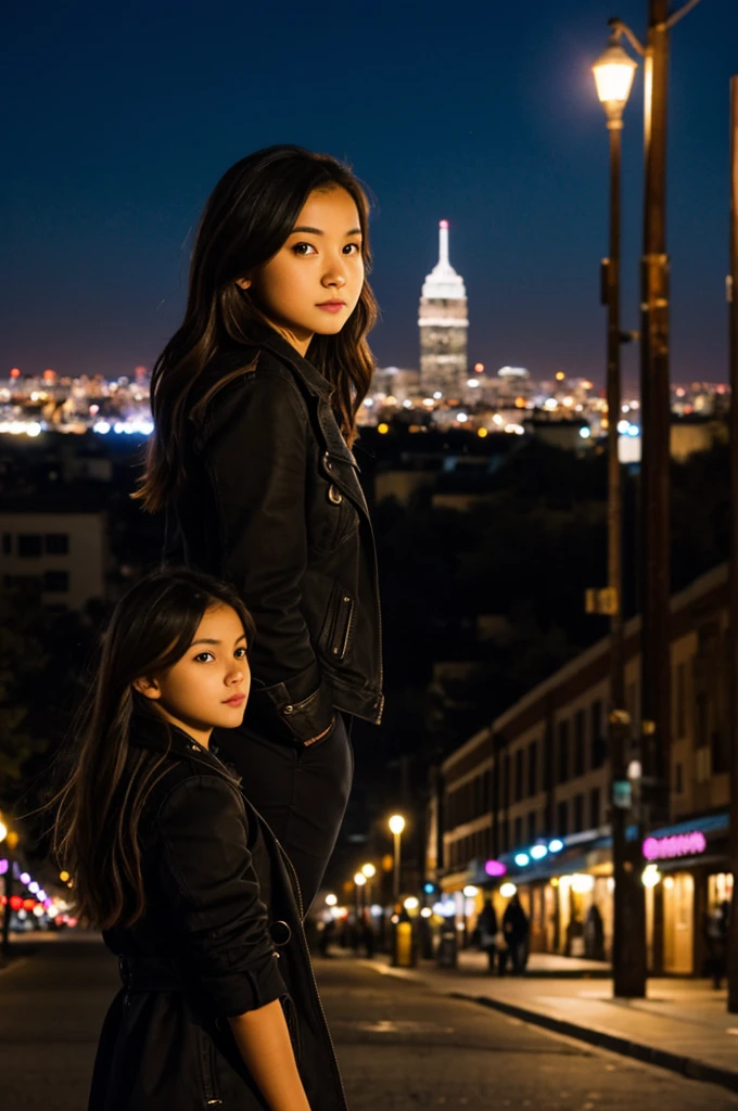 A girl with a night town in the background