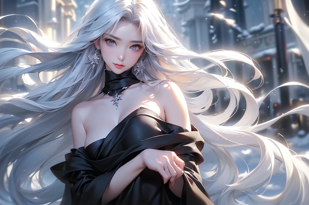 ((Above the knees image:1.5、Zoom out))((masterpiece:1.5、8k、Tabletop、フォトリアリスティックでVery detailedなCG、Very detailed、Particle Effects、Dynamic Effects、Shallow depth of field、Cinematic Light、Lens flare、Ray Tracing、Tabletop、Realistic:1.4、Ultra-high resolution:1.2、Realistic、Realistic))((alone、A woman wearing a black cashmere coat over an off-the-shoulder dress:1.4、Elegant woman posing、Detailed face、bright表情、young, bright, Whiter skin、Medium chest、Beautiful 、Small waist、Best Looks、Asian、Ultimate beauty、bright and shiny hair,、Super long, Silky straight hair、Hair dancing in the wind))(morning、The setting is a snow-covered temple、Crystal of snow)((shiny white hair))