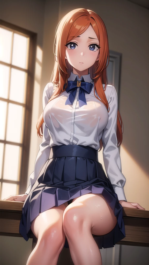 BREAK looking at viewer, BREAK (masterpiece:1.2), best quality, high resolution, unity 8k wallpaper, (illustration:0.8), (beautiful detailed eyes:1.6), extremely detailed face, perfect lighting, extremely detailed CG, (perfect hands, perfect anatomy),school,desk,windows,tables,inoue orihime, long hair, orange hair, (grey eyes:1.5),skirt, bow,white blouse,unbuttoned blouse,open blouse,black bra,lace bra,cleavege,neckline, long sleeves, puffy sleeves, skirt, blue skirt, long skirt,showing breasts,nipples,nipples see through,sitting on table,from below,upskirt,spread legs,showing panties,wet panties,camel toe.