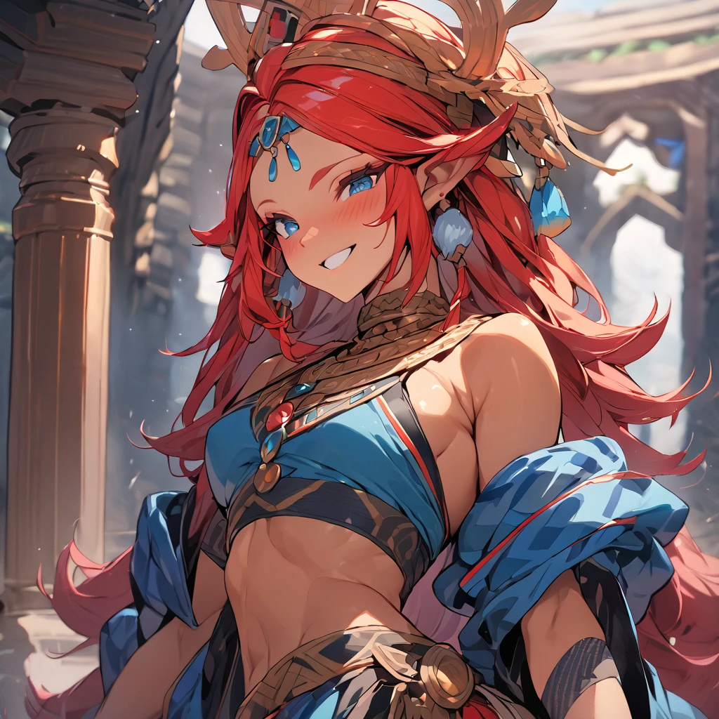 ((Highest quality)), ((masterpiece)), (detailed), （Perfect Face）、The woman is Queen Zelda, wife of King Ganondorf of the Gerudo tribe. She has medium-long red hair, blue eyes, and dark skin. She is a Gerudo woman, wearing Gerudo clothing and luxurious Gerudo accessories.、The woman looks happy in her Gerudo tribe outfit.