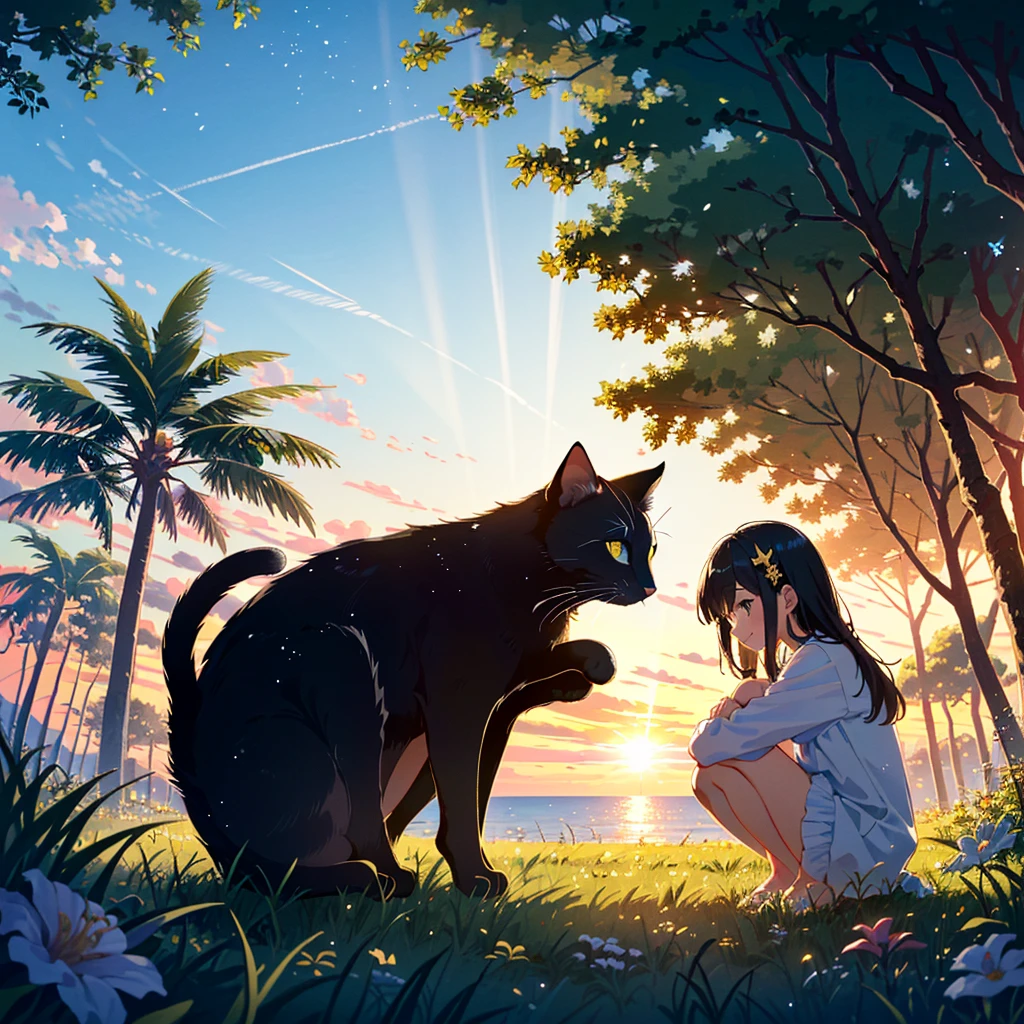 {{{Masterpiece, Top Quality, High Resolution Background}}}, Adopted, Colorful, Very Beautiful, Absurd, Masterpiece, Top Quality, Ephemeral, Very Delicate, Key Visual, High Fantasy Theme,
Mature woman, bright hair color, long hair, small breasts,
Hair ornament, outdoors, movie shadow, depth of field, morning dew, from the side, looking at the viewer, shy but happy, cute, lovely, beautiful, dynamic angle, solo, looking up, flowers, beach, bright tones, gold Light particle effect, (1 girl and 1 cat: 1.3), (small cat: 1.2), (young: 1.9), 7 years old, glowing eyes, one piece, beach, shy, hap,, (strong wind) , (looking at, (she is hugging a cute cat, black) eyes), (crouching, from the side, outdoors, grassland: 1.5), (pet, hugging: 1.5), big tree, sunlight, blue sky,