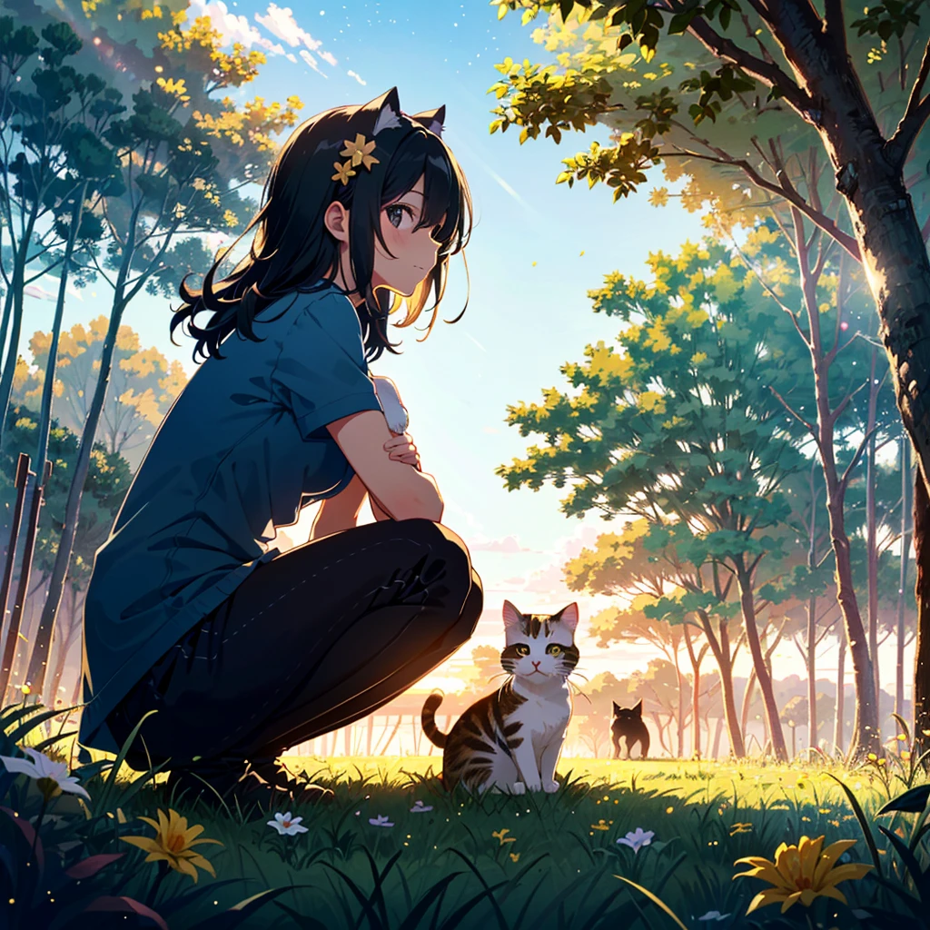 {{{Masterpiece, Top Quality, High Resolution Background}}}, Adopted, Colorful, Very Beautiful, Absurd, Masterpiece, Top Quality, Ephemeral, Very Delicate, Key Visual, High Fantasy Theme,
Mature woman, bright hair color, long hair, small breasts,
Hair ornament, outdoors, movie shadow, depth of field, morning dew, from the side, looking at the viewer, shy but happy, cute, lovely, beautiful, dynamic angle, solo, looking up, flowers, beach, bright tones, gold Light particle effect, (1 girl and 1 cat: 1.3), (small cat: 1.2), (young: 1.9), 7 years old, glowing eyes, one piece, beach, shy, hap,, (strong wind) , (looking at, (she is hugging a cute cat, black) eyes), (crouching, from the side, outdoors, grassland: 1.5), (pet, hugging: 1.5), big tree, sunlight, blue sky,