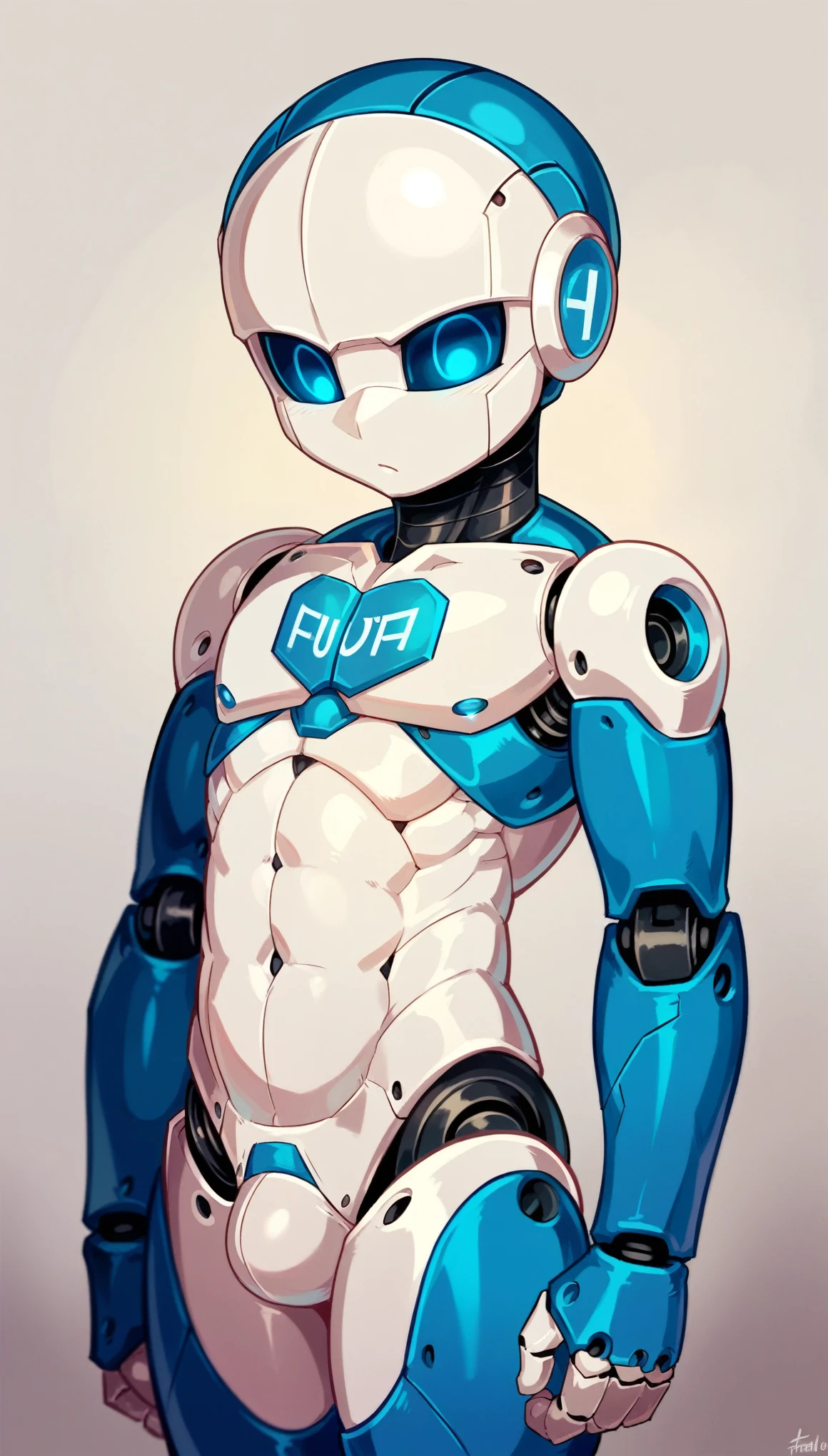 a highly detailed robot boy, 1boy, shota, robot, solo, naked, smooth skin, null genitals, friendly blue eyes, ultra-detailed, digital painting, intricate detailed seams on the skin, hyper realistic, cinematic lighting, 8k, masterpiece, 