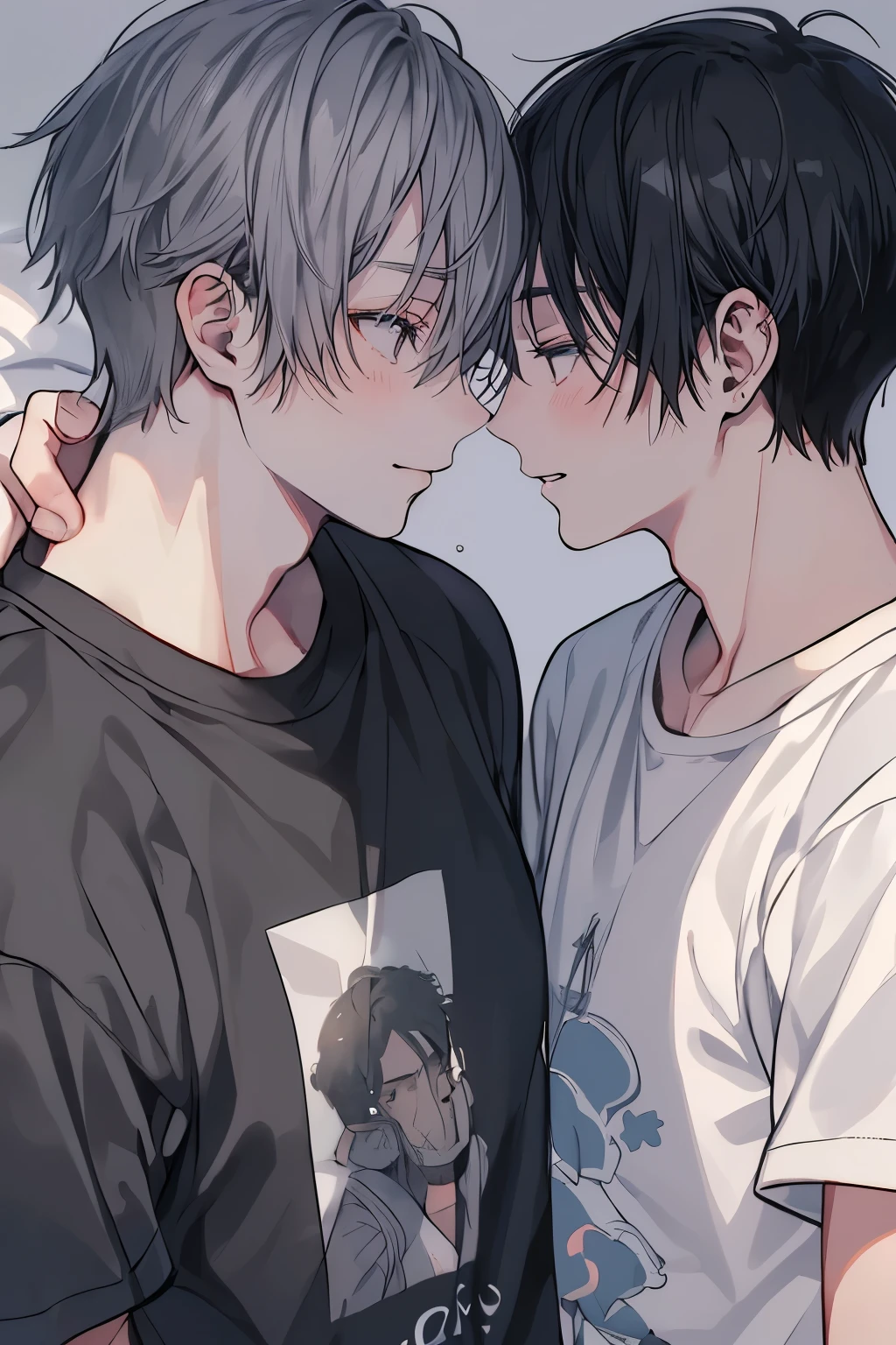 (Mastepiece), (Best Quality), Very detailed, ((Two men intimate:1.5)), Perfect Face, Beautiful Face, Very detailedな顔,(Upper Body Shot:1.3),(Black-haired man:1.3),(Grey-haired man:1.3)、T-Shirts、smile