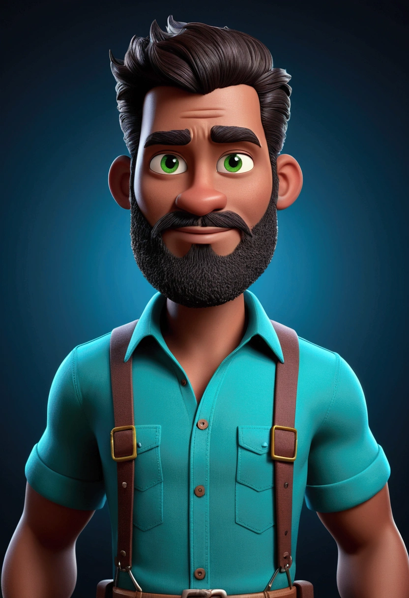 Cartoon character of a man with a long and pointed dark lumberjack-style beard, dark chocolate-colored skin, short black lumberjack-style hair, green eyes, black shirt, black background with blue, an animated character, seductive and superhero face ,Stylized character, animation style rendering, 3D stylized, Arnold Maya rendering, 3D stylized rendering, toon rendering screenshot, 3D Character, 3D Character, Stylized 3D rendering, 3D character rendering, cartoon character, Closeup Character, Character Pose, (Pixar Style) (Master Part:1.2) (Bokeh) (Best Quality) (Detailed Skin) (Detailed Texture) (8K) (Clay) (Cinematic Lighting) (Sharp Focus，Sit and leaks the upper part of the body