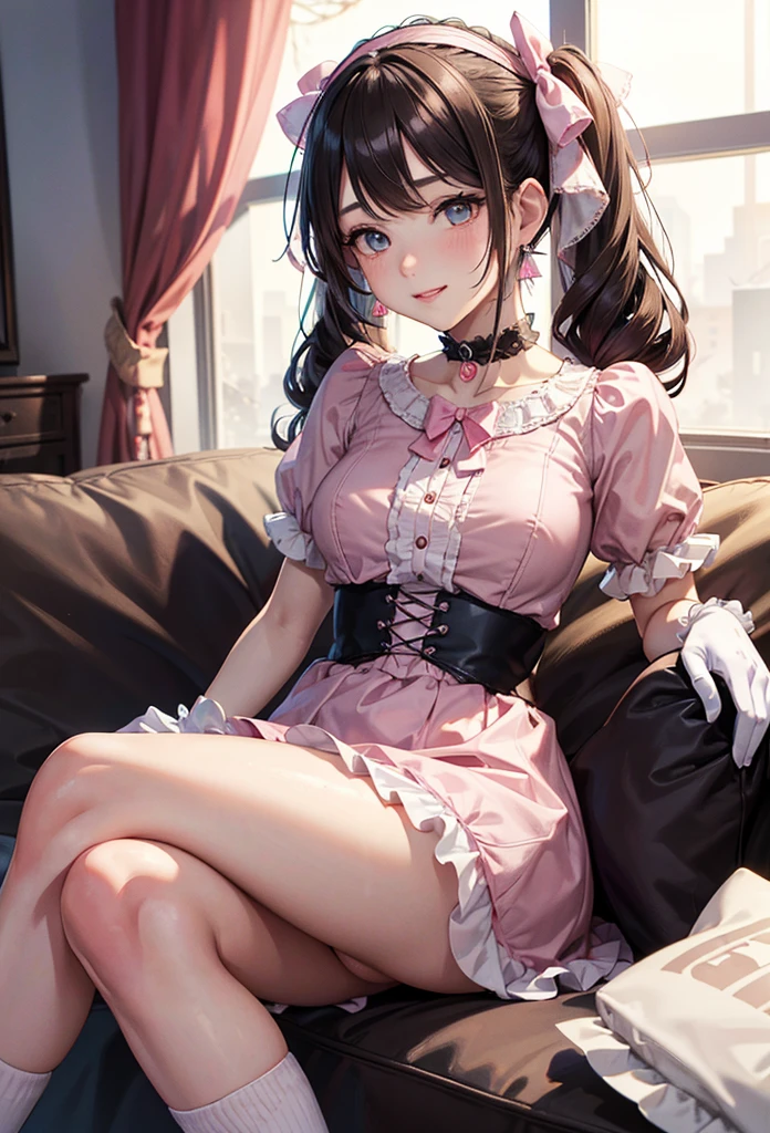 A beautiful ta girl sitting showing her back on the bed, anime girl, in the room, home interior, pastel pink loliress, short sleeves, a pair of short socks, choker with a bow, short white gloves, lolita s fashion, dark brown hair, long wavy hair, two pigtails, swept bangs, hair ribbon, aqua eyes, bright eyes and pupils, pink lips, glossy lips, blush, earrings, big round breasts, thin waist, perfect arms, defined thighs, thin legs, looking back at viewer, flirty smile, masterpiece, high definition, natural light, high detail, anime, dithering, image fill, perspective, Wide-Angle, f/1.8, 85mm, Sony FE GM, 8k, 8k wallpaper, super detail, highly detailed CG, UHD, retina, masterpiece, accurate, anatomically correct, textured skin, highres, best quality:1.3, 16k