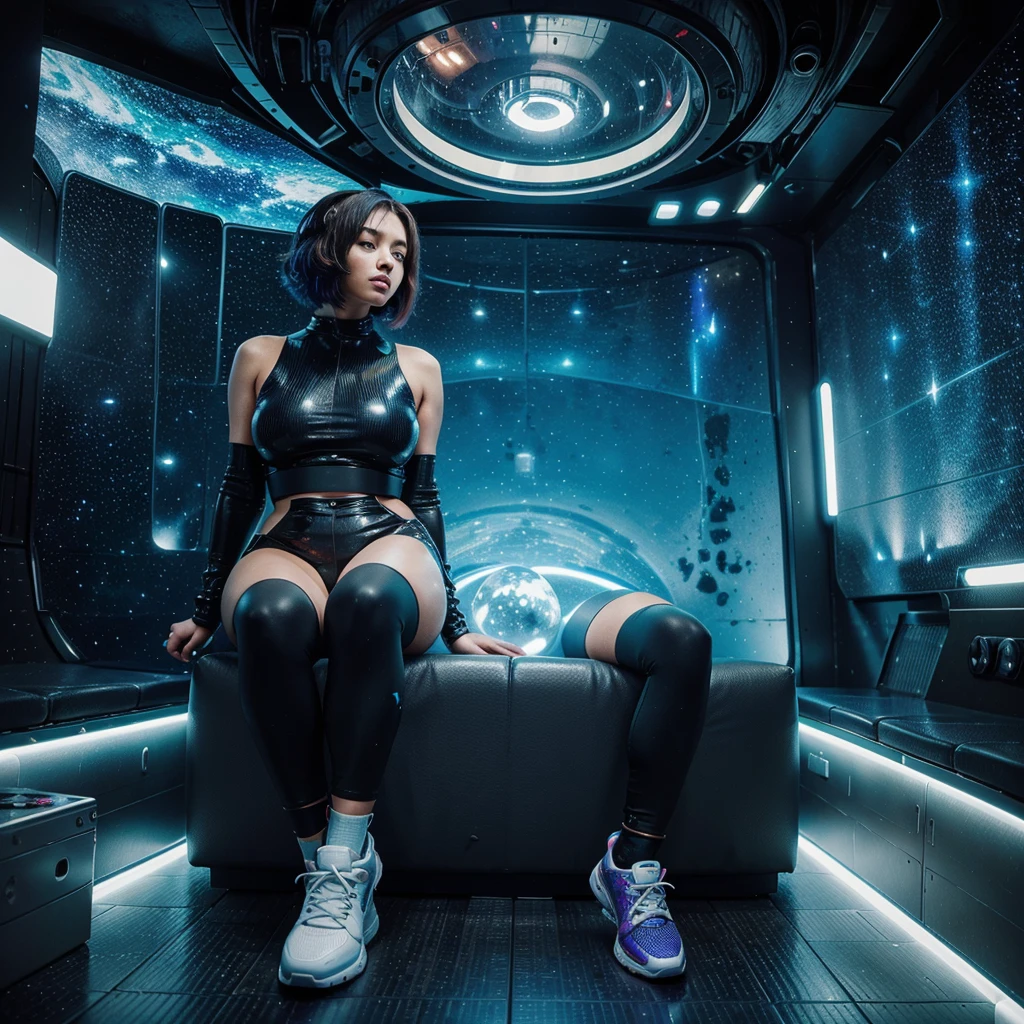 A digital painting shows a figure, who sits in a spaceship and flies through the galaxy . The person is wearing an oversized, blocky shoes and a spherical belly. growing water structures, and a versatile mix of disco-core fashion. The overall aesthetic is a mix of post-apocalyptic futurism and hyper-realistic details, The scene was captured by Ektachrome photography