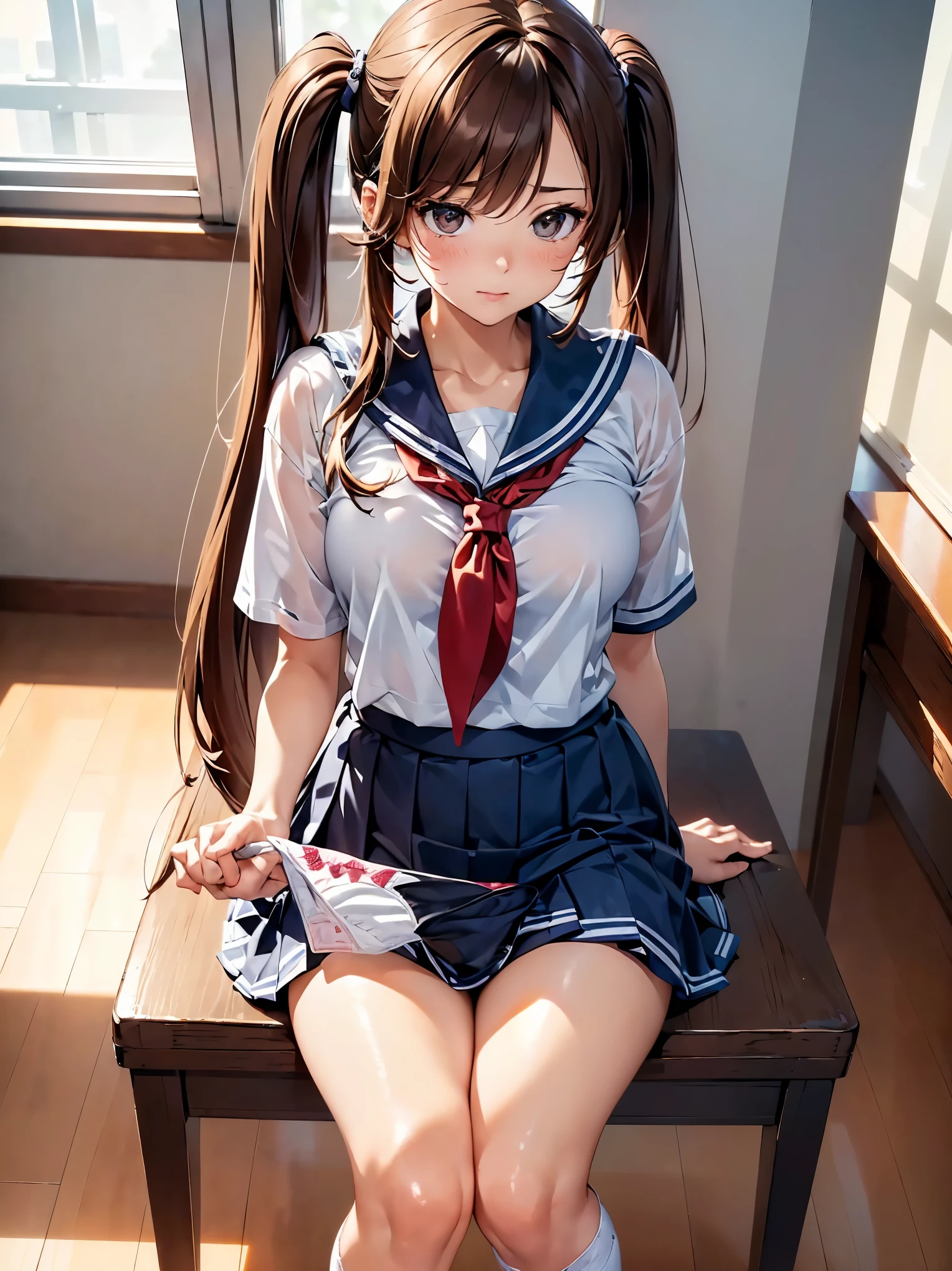 (((masterpiece, Highest quality, High resolution, 超High resolution, Perfect Pixel, Depth of written boundary, 4K, RTTX 10.0))), Beautiful Anime Woman, Beautiful art style, Anime characters, ((Smooth texture, Realistic texture, Anime CG Style)), Exact finger count、Exact number of legs、(Exact number of arms:1.0, Exact number of hands:1.0), (Perfect hands, Perfect Anatomy), Cinematic, Realistic, Extremely detailed CG, Daytime lighting, Perfect lighting, Best Shadow, The best natural light, whole body, Perfect body, バランのとれたPerfect body, Perfectly balanced style, Slender body, ((Long Hair, bangs, Reddish brown hair, Twin tail hairstyle)), ((A cute adult woman is holding her panties in her hands and showing them, presenting parties:1.8)), ((Sailor suit tops, Sailor collar, White shirt, Navy pleated mini skirt:1.3), (Sexy and cute white panties 1.3), (Knee-high socks:1.3):1.3), (Beautiful big , :1), (Embarrassed expression:1.5), blush, (School classroom, Desk and chair in the background:1.3), Angle from the front