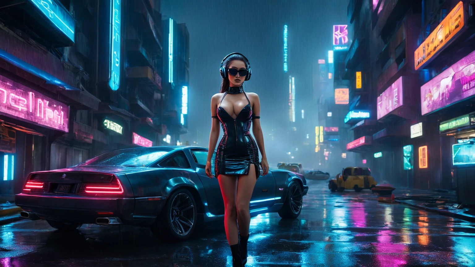 (aerial view, a hi-tech car parking platform, a very dark abandoned futuristic city, neon lights, inspired by the movie "I, robot"), rainy night. 1girl, solo, alone, large-breast:1.2 slim body, cleavage:1.1, sexy wind blowing wet dress:1.4, (headphone, black sunglasses), (((((she raised:1.8 a pistol:1.8 and took aim at viewer))))), dynamic pose, (((half-body thigh level medium shot))), cinematic lighting, lens flare, ray tracing.