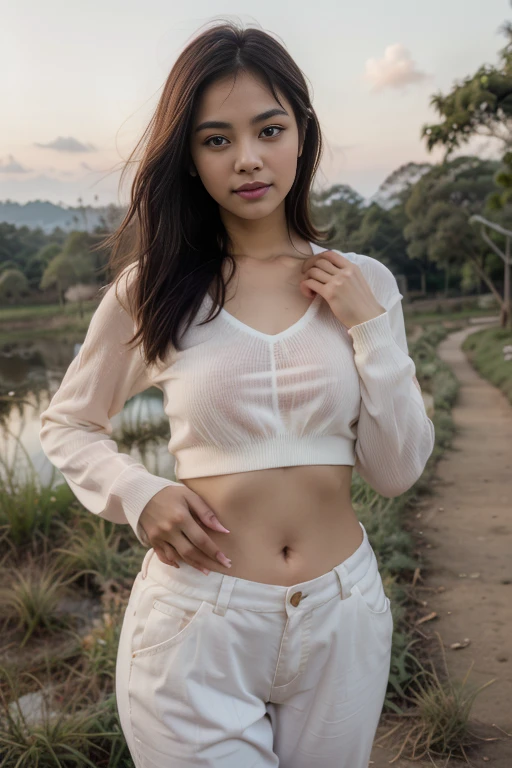 Young sweet beautiful Bogor city girl dancing cheerful on wide rice  field near Bogor, descent mixed from sundanese and javanese and Arabic, little breasts, very very slim body, have big  greek with long bridge nose, tirus slim  face, wide forehead,  big eyes, little sexy  mouth, heavy down lip, thin uper lip, charm and cute girl, her name is Dewi, in the sunny fresh sunset, georgeus face, slim body, 19 years old, wearing 80's style big   size white thin long sleeve long sweater, wearing white thin trousers in late 80' years era mode and style, wearing wedges shoes, very realistic, very natural, very realistic, all body from head to toes view, wind blowing so strong  and blowing everything, straight bob style slim hairs with a bangs blown by the  very strong wind, salak mountain as background, beautiful sunset and beautiful girl, sweet memory that can't forget, wearing glasses, she is very in love to me,