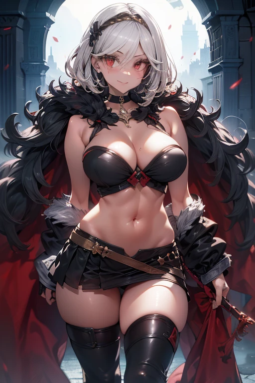Arrogant look,
seductive smile,
djeeta,Zeta,One Girl,Blonde,Shiny Hair,short hair,hair band,Brown eyes,age,cute,
very shiny 肌,Shiny body,plastic glitter 肌,exaggerated shiny 肌,illuminated 肌,
(Huge breasts, Glamour:1.1),(Huge hips),Tight waist,Long legs,curve,Cleavage,erotic,Bold,Revealing clothing,show 肌,
(Realistic eyes, Natural skin texture, Realistic facial details),
High resolution,Sharp focus,(Super detailed,Very detailed),(Very detailed CG unity 8k wallpaper),(((Vibrant colors))),{best illustration},
Beautiful Eyes,Symmetrical eyes,Big eyes:1.5,Seductive eyes,((complete anatomy)),Perfect Fingers,
pubic hair,(erection of nipple),Camel Toe,
djeetaego, pale skin, white hair, red eyes, crop top, sleeveless, black skirt, choker,
Wearing a tattered black cloak,Black fur stole,
large sword with sharp red and black decorations,
Black Thigh Boots,An effect like a red thread floating in the air,Black underwear,