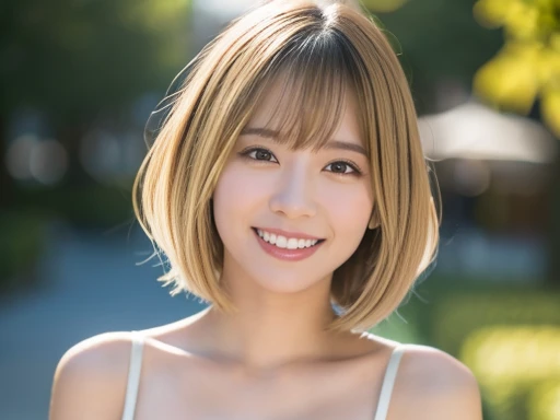 ((Highest quality)), ((masterpiece)), (detailed), (realistic, photo-realistic), (One Japanese woman), (sarong), (outdoor, tokyo, city), glamorous, (blonde hair:1.2), (short hair), (blunt bangs), (shiny skin:1.5), grinning,