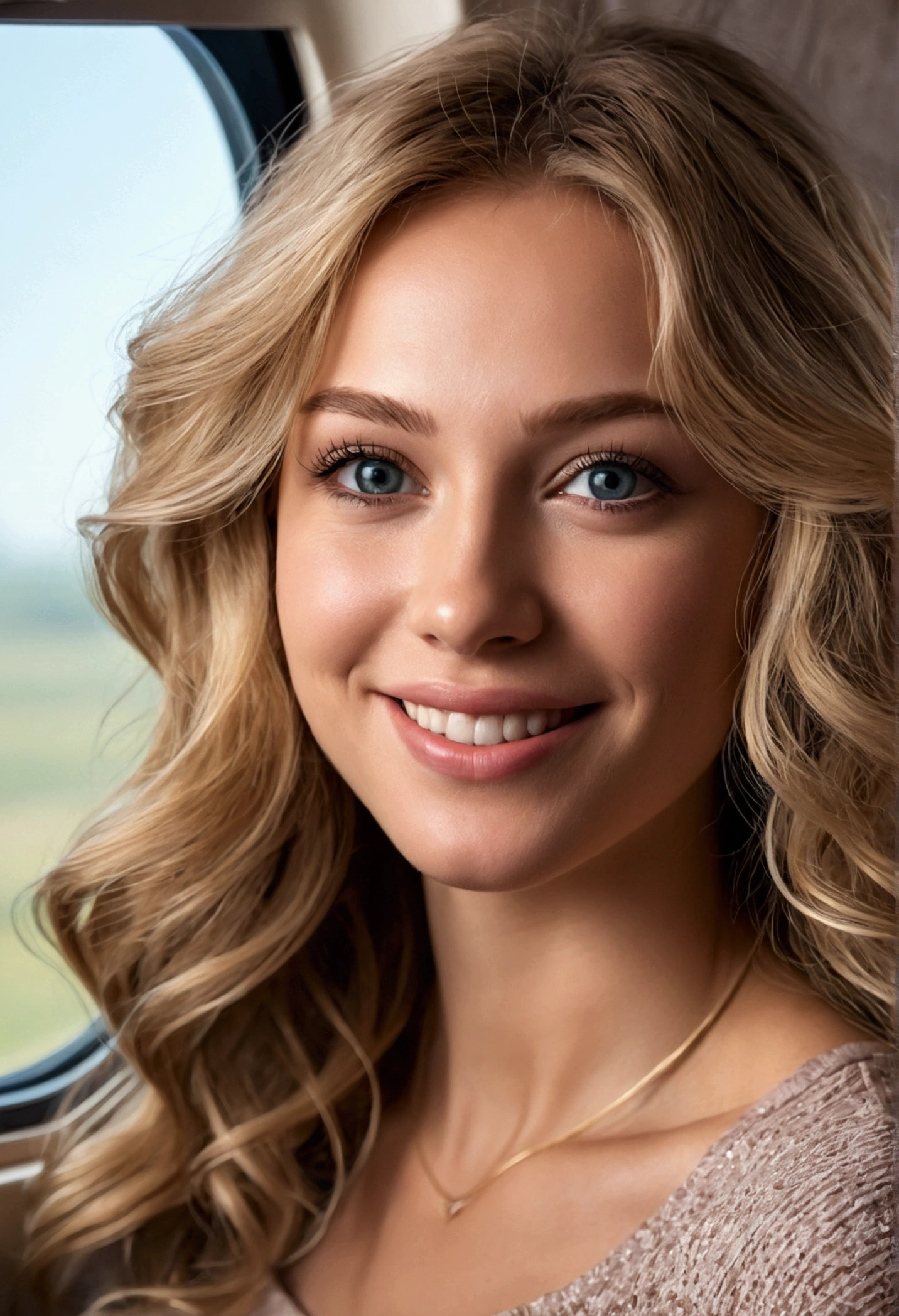 photo of stunningly beautiful elebd, 32 years, perfect body, , long dirty, windy blonde hair, dark eyes, beautiful blonde ,sitting on a plane, sitting by the airplane window,. Very detailed, 32 years, innocent face, natural wavy hair,, a high resolution, masterpiece, Best quality, complex parts, very detailed, Detailed skin, realistic skin texture, texture, detailed eyes, professional, 4K, Charming smile, shot on Canon, 85 mm, shallow depth of field, Цвет Kodak Vision, perfect body, extremely detailed, Photo_\(Ultra\), photorealistic, realistic, Post-processing, Maximum detail, roughness, real life, Ultra realistic, photorealism, photo, 8k contract, photo