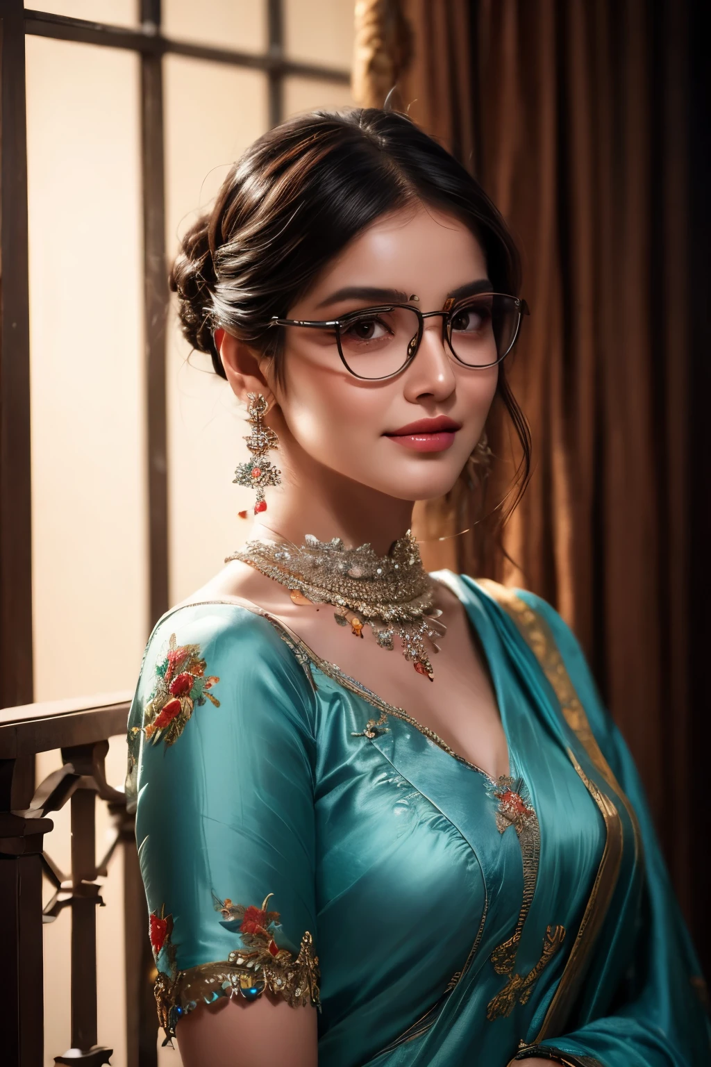 Score9_up, score8_up, (masterpiece:1.5), intricately detailed, uhd, absurd resolution, 16k, perfect lighting, RAW photo, sharp focus, photorealistic Realism 8K, 16K, Quality, professional-grade photograph, best, high quality real texture skin, best, high quality real texture hair, beautiful Indian girl wearing glasses, detailed facial features, long eyelashes, porcelain skin, delicate facial expression, elegant hairstyle, intricate jewelry, detailed clothing, atmospheric lighting, dramatic lighting, cinematic composition, focus, digital painting, highly detailed,masterpiece,4k,photorealistic, extremely detailed surroundings, Outdoors, on a balcony, watching beautiful natural surroundings, flowers, (head to waist portrait}


