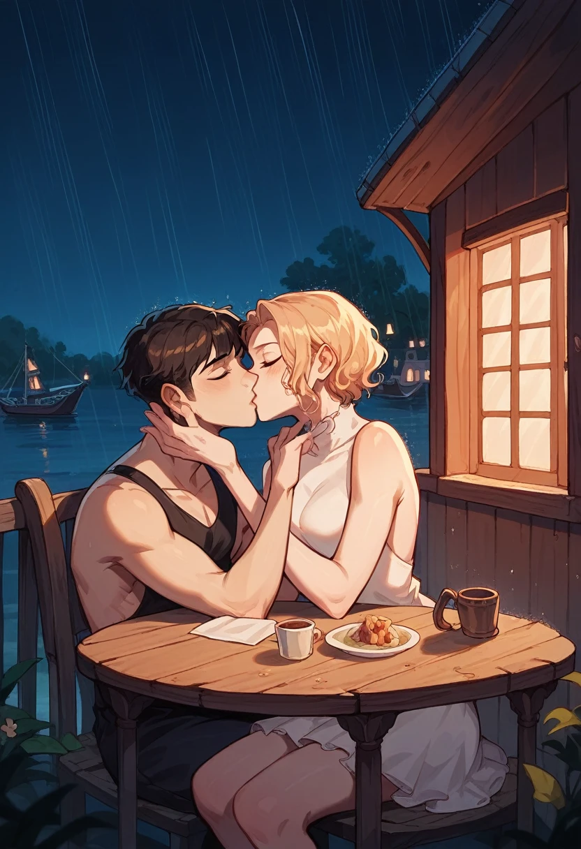 art by Eiichirio Oda, ship cabin, dark night, raining outside, windy weather, low light, stussy sitting on a table, silvers rayleigh standing infront of stussy, silvers rayleigh and stussy are kissing each other