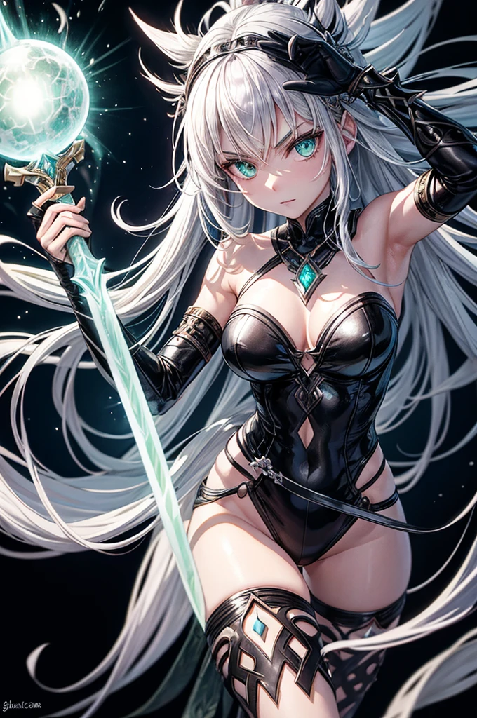 A mystical warrior woman with silver hair, glistening green eyes, and black leather, one hand holds a glowing orb and the other a glistening silver sword,