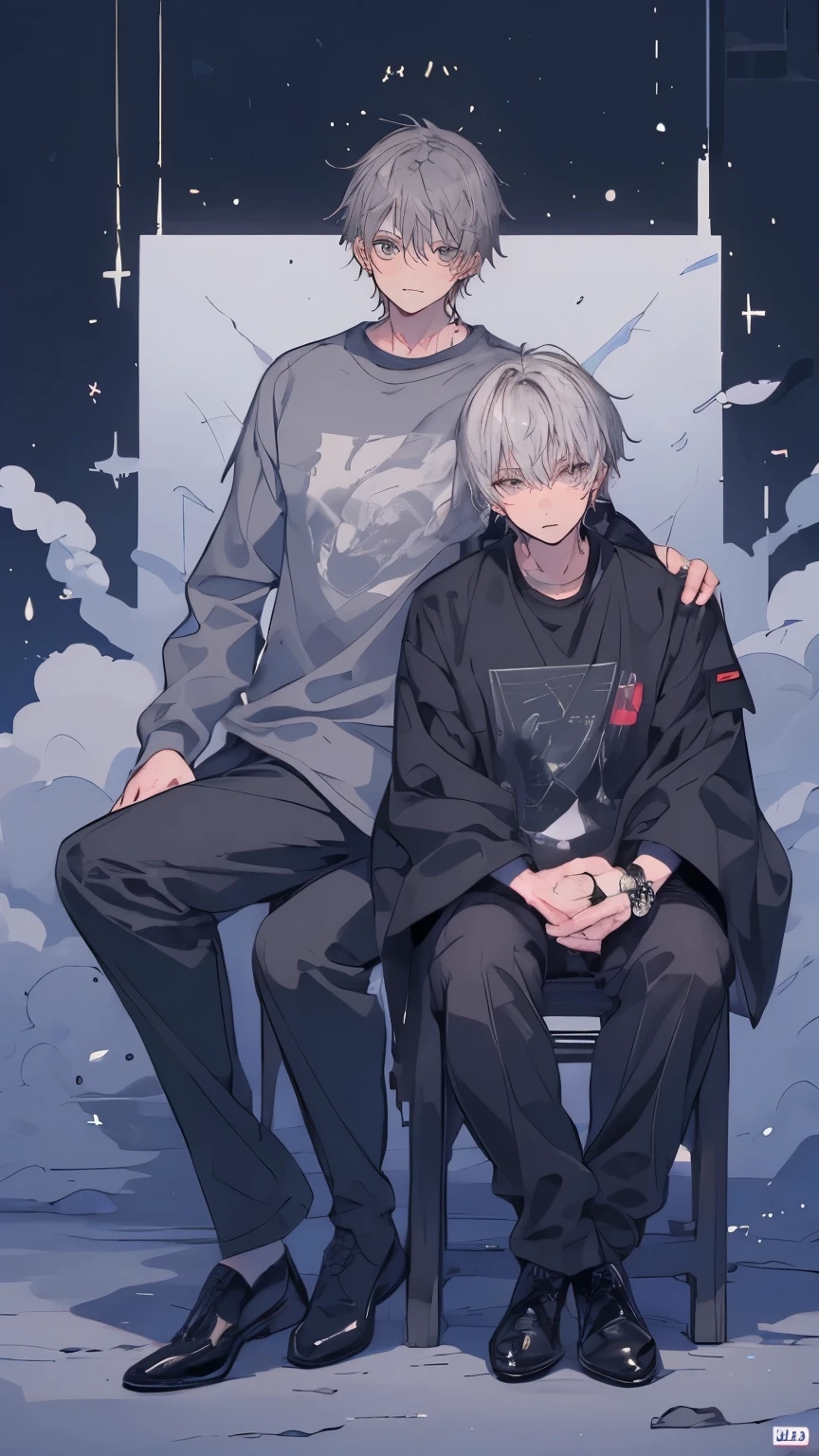 (Mastepiece), (Best Quality), Very detailed, ((Two friendly men:1.5)), Perfect Face, Beautiful Face, Very detailedな顔，(Full body photography:1.3)，(Black-haired man:1.3)，(Grey-haired man:1.3)、T-Shirts、smile