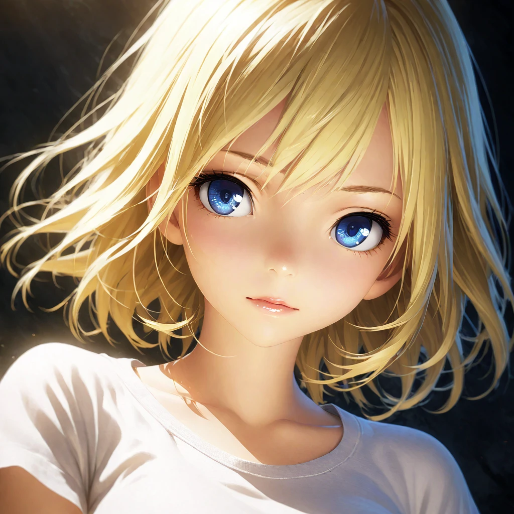 portrait, Practical, blue eyes, Blonde hair, Mid-chest, 4K resolution, High quality CG, Beautiful CG, Soft Light, Octane Rendering, white t-shirt, face level shot