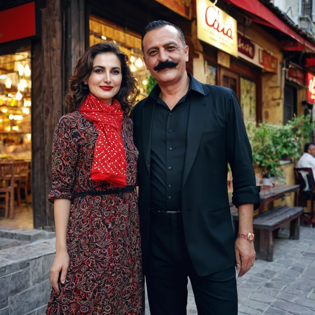 The man in his 45s with black very short hair and smooth face with moustache. The woman in her 45s with brown long wavy hair. The man is wearing a black shirt and black trousers, with a white patterned scarf on the collar of the shirt. The woman is wearing a red patterned strait dress. They pose hand in hand outside the restaurant in Turkey. Smiling. Night. HDR. UHD. Cinematic.