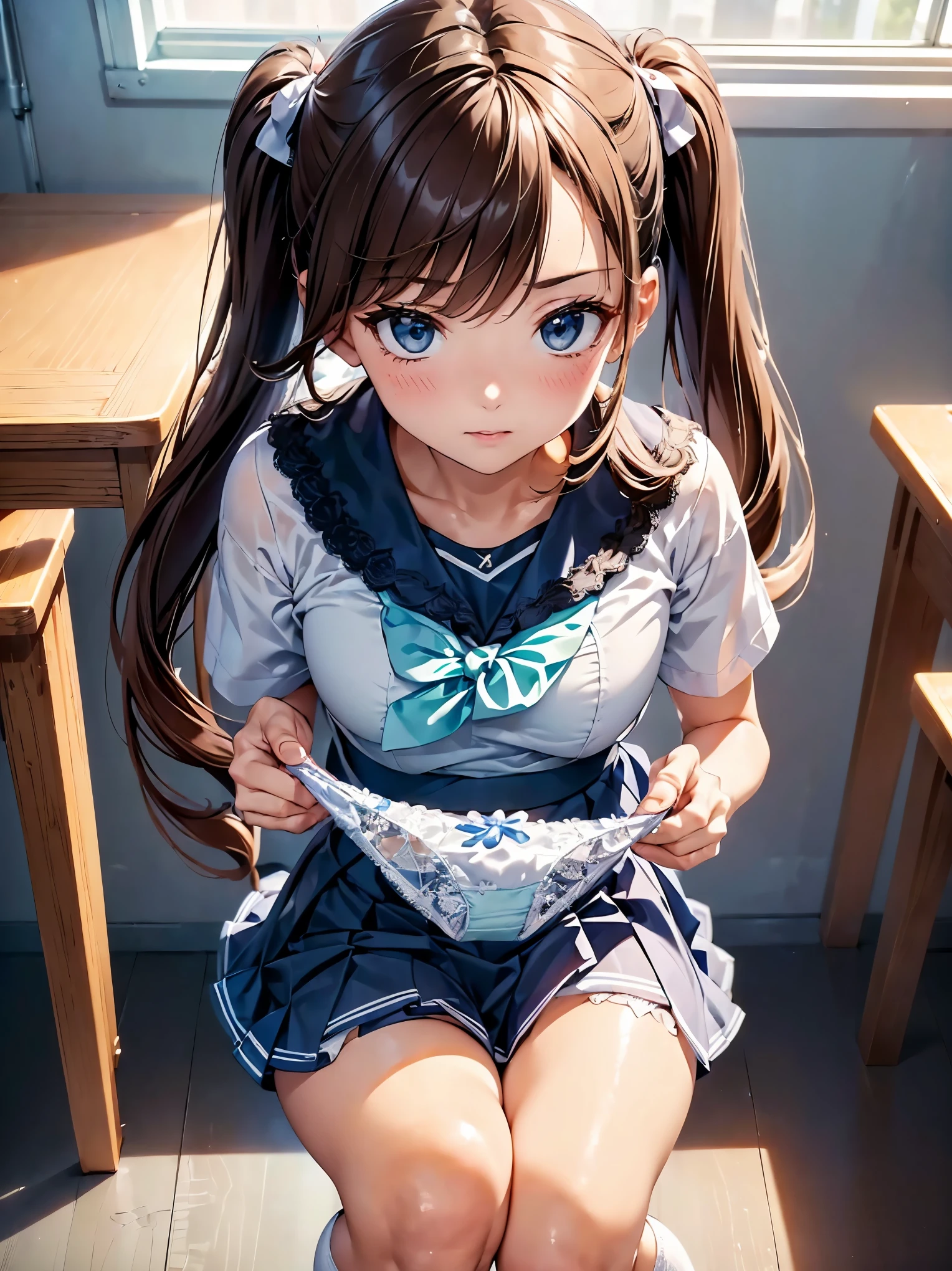 (((masterpiece, Highest quality, High resolution, 超High resolution, Perfect Pixel, Depth of written boundary, 4K, RTTX 10.0))), Beautiful Anime Woman, Beautiful art style, Anime characters, ((Smooth texture, Realistic texture, Anime CG Style)), Exact finger count、Exact number of legs、(Exact number of arms:1.0, Exact number of hands:1.0), (Perfect hands, Perfect Anatomy), Cinematic, Realistic, Extremely detailed CG, Daytime lighting, Perfect lighting, Best Shadow, The best natural light, whole body, Perfect body, バランのとれたPerfect body, Perfectly balanced style, Slender body, ((Long Hair, bangs, Reddish brown hair, Twin tail hairstyle)), ((A cute adult woman is holding and showing off her light blue lace panties, holding panties, presenting panties:1.8)), ((Sailor suit tops, Sailor collar, White shirt, Navy pleated mini skirt:1.3), (Knee-high socks:1.3):1.3), (Beautiful big , :1), (Embarrassed expression:1.5), blush, (School classroom, Desk and chair in the background:1.3), Angle from the front
