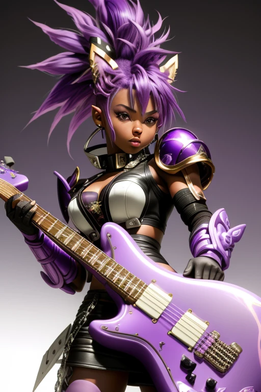 Saint Seiya,1 African American girl,purple Mohawk,Gradient,Gradient background,solo,1 girl,bow,Gloves,purple Mohawk,Fantastic girl,solo , electric guitar in hand, Rockstar.