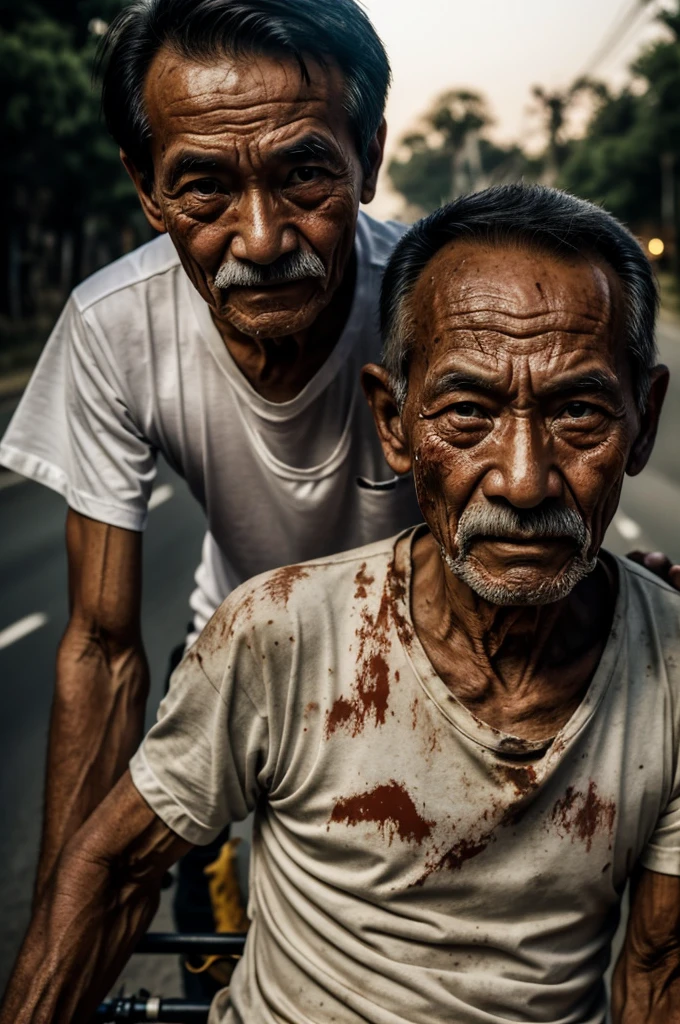 old man with no eye ,mouth,nose,eyebrows in his face right a old bicycle wearing a white t shirt full of human blood and myanmar man dress turning his face to my face which is me riding a bicycle close to him at middle of dark night under twinkle street old light in highway road