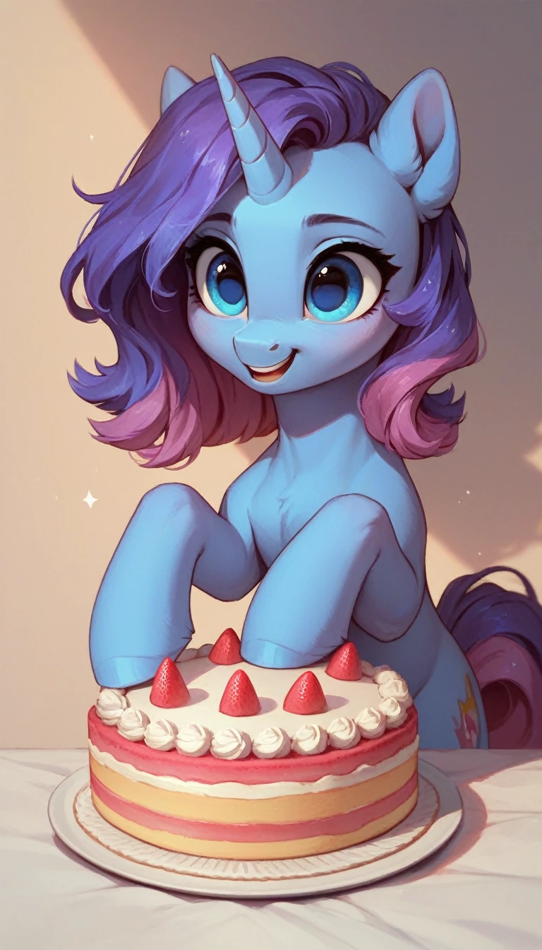 cute pony from MLP, unicorn with blue fur, purple mane with pink strands, blue eyes, makes a cake,