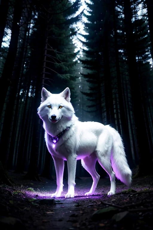 A white wolf with glowing purple eyes at night in the middle of a dark forest full of lights 