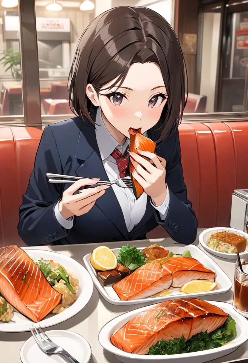 woman,Japanese,OL,suit,(Grilled salmon set meal),eating,Diner,Lunch